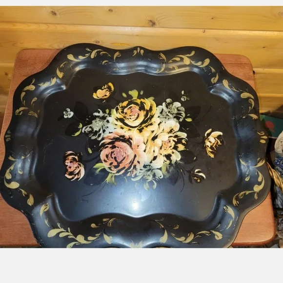 Vintage 1950 Metal Serving Tray Toleware Hand Painted Pink Roses Shabby Chic - Picture 3 of 12